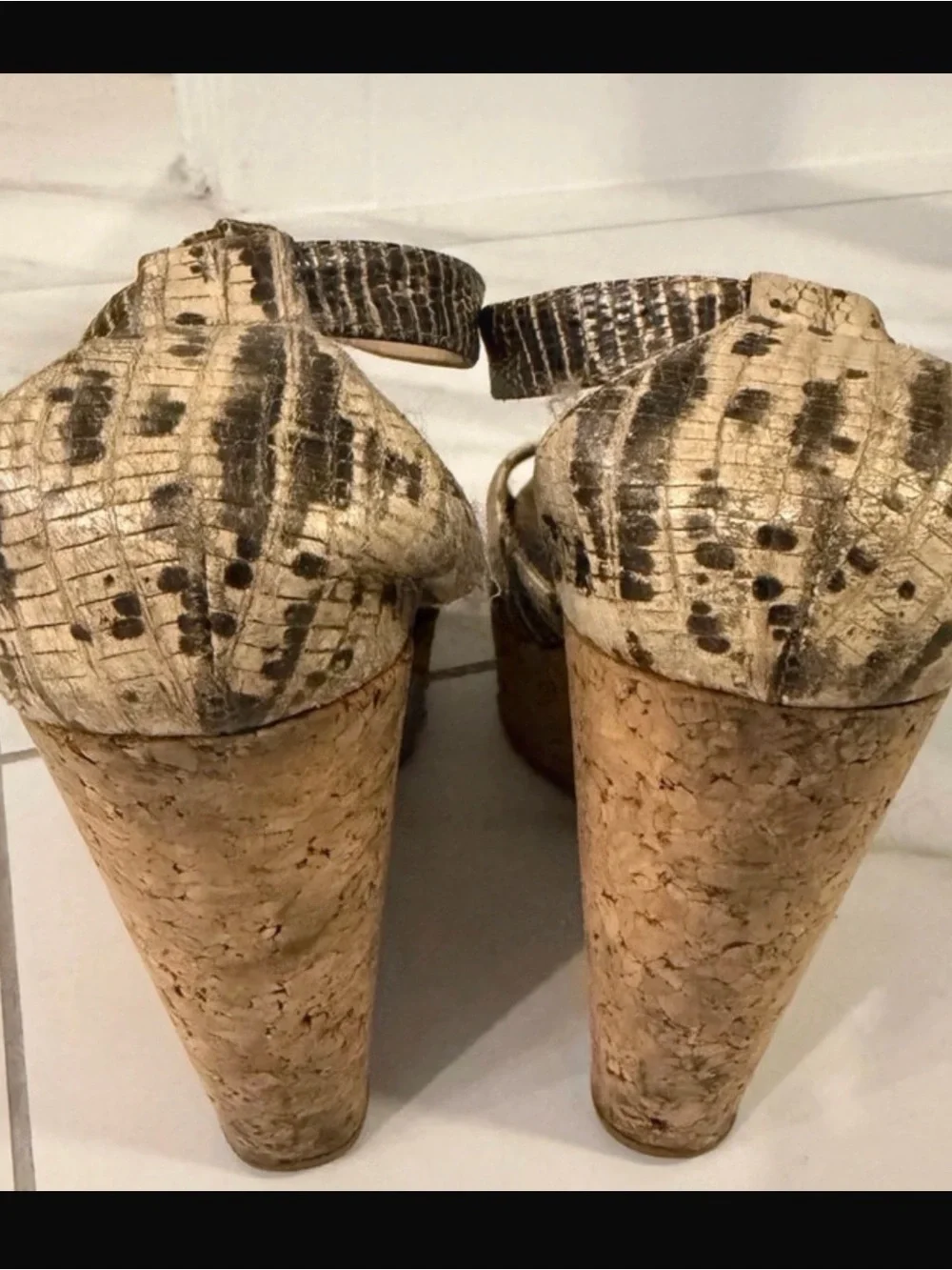 Jimmy Choo Cork Wedge Sandals with Neutral Snakeskin Print